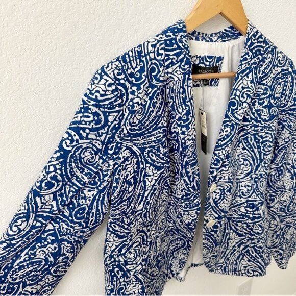 NEW Talbots Blue White Batik Print Cotton Blazer Size 12 P - Picture 2 of 7